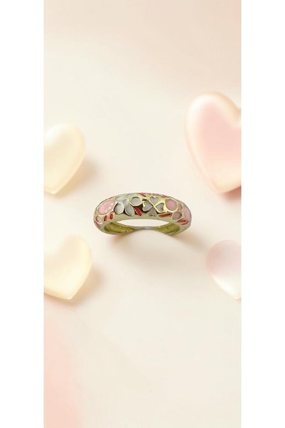 ahsenaksesuar2025 Pink Floral Enamel Adjustable Steel Ring with Red Detail