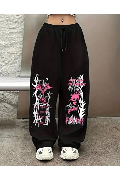 JANTIL MODA Μαύρο unisex παντελόνι φόρμας με 3 κλωστές, ψηλόμεσο, στυλ Y2K St...