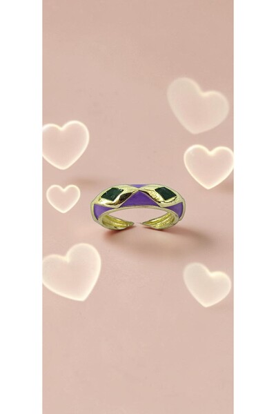 ahsenaksesuar2025 Baklava Patterned Green Purple Enamel Adjustable Steel Ring