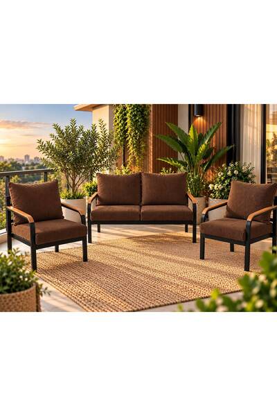 Sofmina Bahçe Mobilyası 2+1+1 Balkon Takımı – Kalın Fitilli Minderli Metal Ot...