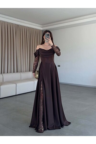Balbe Fashion Muse Dantel Detaylı Kahverengi Elbise