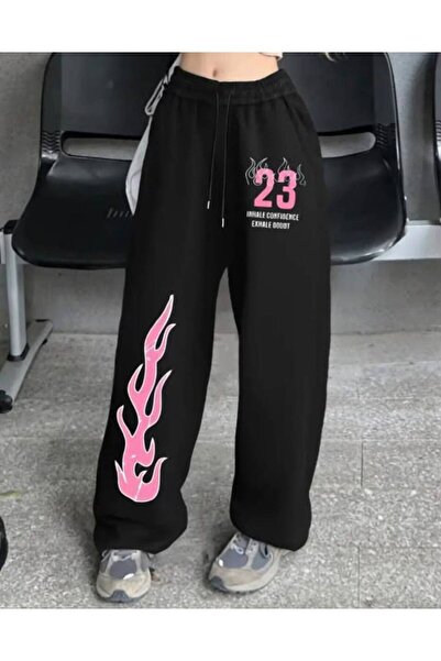 JANTIL MODA Pantaloni de trening unisex negri cu 3 fire, cu talie înaltă, cu ...