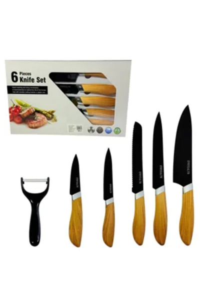 Generic Brand 6-piece kitchen knife set with peeler, black blades and wood fi...