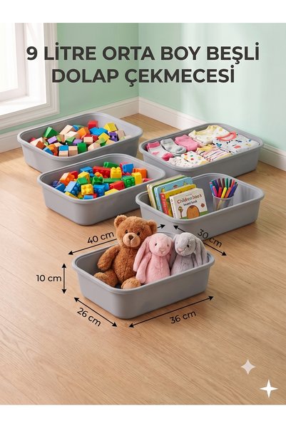 decosense 5 Adet Gri Orta Boy 9 Litre 40x30x10 cm Oyuncak Dolabı Çekmecesi