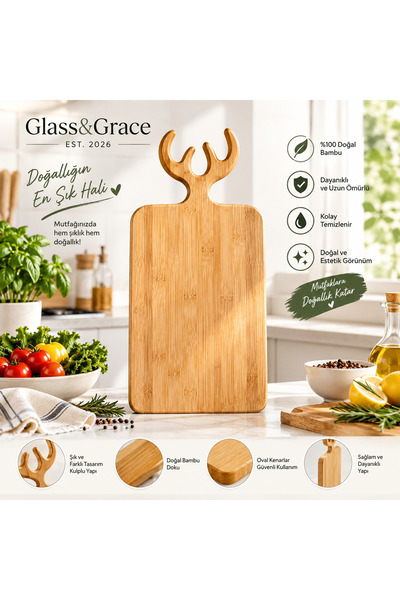 Bambu Geyik Saplı Kesme Tahtası – Dikdörtgen Doğal Ahşap Sunum ve Doğrama Tahtası ( 38x20 cm)