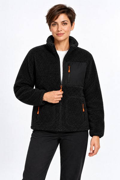 ODİN ATLAS Women's Black Color Soft Welsoft Fleece Jacket with Zipper and 3 Pockets