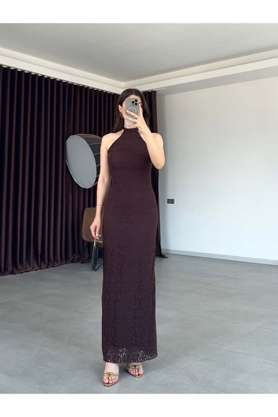 Balbe Fashion Boyundan Bağlamalı Dantelli Elbise- Kahve