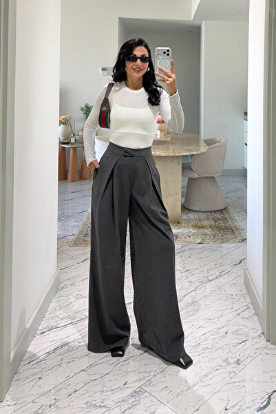 Seda Yalçın Atelier Antrasit Pile Detaylı Palazzo Pantolon