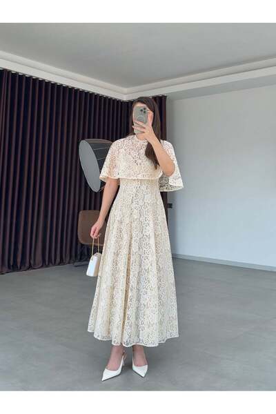Balbe Fashion Çıkarılabilir Dantel Pelerin Elbise- Ekru