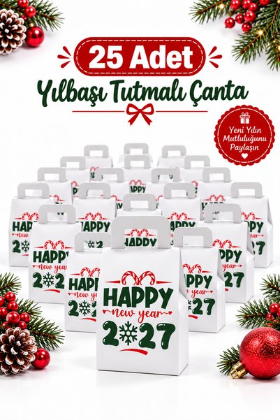 ASL ArtPaper 25’li Yılbaşı Tutmalı Hediye Çantası 15x10x5,5 cm Happy New Year 2027 Parti ve Hediyelik Çanta