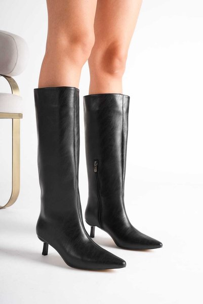 GÜZEL SHOES Noir Black-Skin Pointed Toe Short Heeled Women's Boots