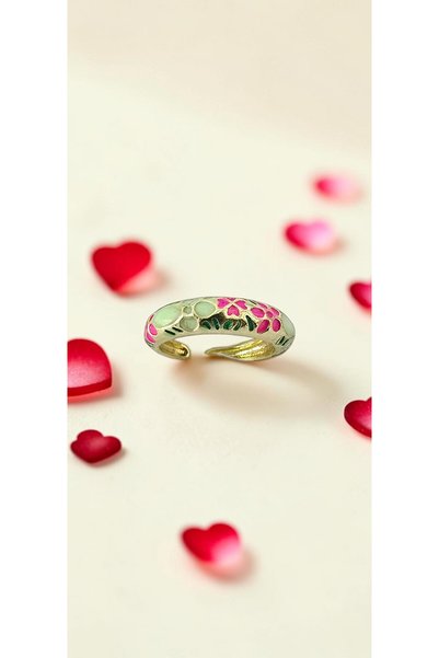 ahsenaksesuar2025 Pink Floral Mint Green Enamel Adjustable Steel Ring