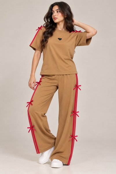 TOP CLOTHE Women's Casual Set with T-Shirt and Wide-Leg Pants with Bow Details