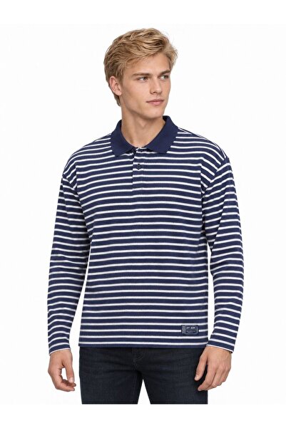 Loft Men's Blue Long Sleeve Polo Collar Loose Fit Polo U.Kol