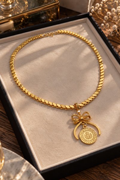 PURE BERRY Arpa Model Zincir Çeyreklik Fiyonk Uç Altın Tasarım Gold Kolye