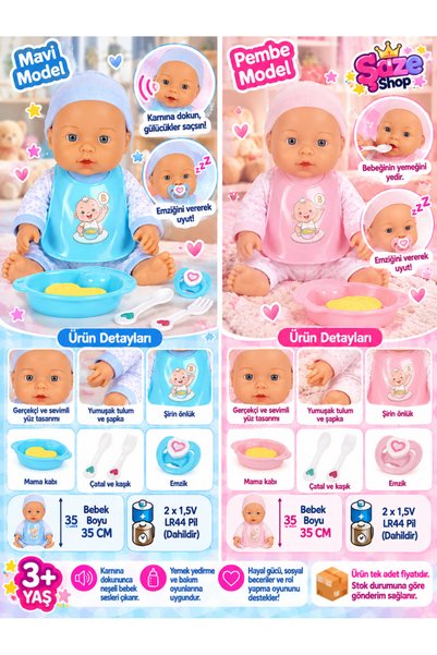 SAZE Yemek Zamanı Sesli Bebek 35 cm – Mama Kabı Emzik Önlük Çatal Kaşıklı Oyu...
