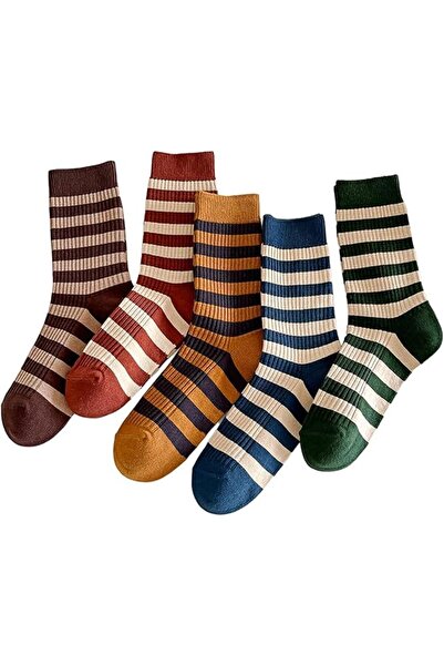 TERRIFI Striped Crew Socks for Adults, 5 Pairs of Breathable Cotton Athletic ...