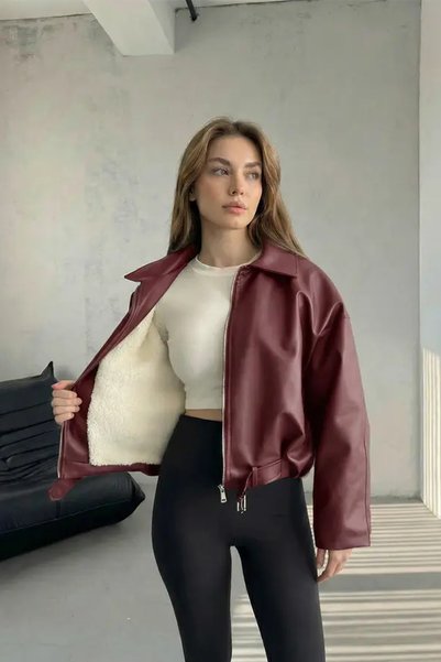 MANMARK Women's Oversized Leather Jacket Coat with Fur Inside and Buckle Detail for Winter