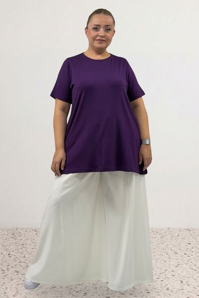Eslina 58507 Large Size Collar Piping Combed Cotton T-Shirt - Purple
