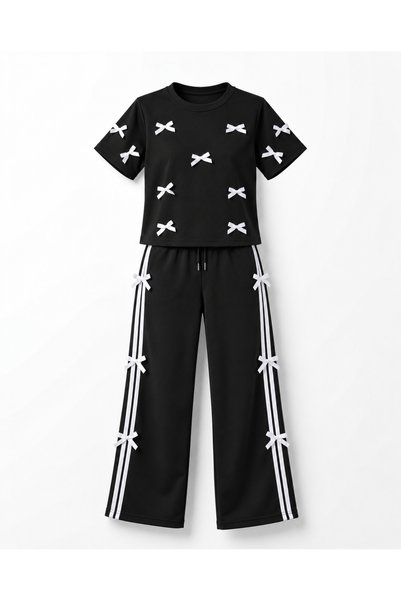 TOP CLOTHE طقم نسائي كاجوال بفيونكات وتفاصيل خطوط جانبية