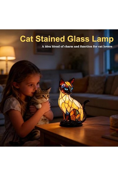 TERRIFI Cat Light, Stained Pattern Glass Cat Lamp, Vintage Animal Lamps for Cat Lovers, Stained Pattern Resi