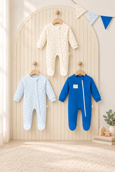 Tuğra Bebe 3’lü Fermuarlı Patikli Uzun Kollu Bebek Tulum Seti %100 Pamuklu 0-...