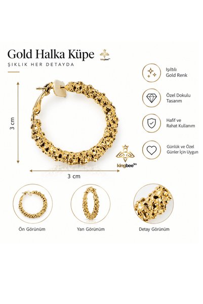 King Bee Moderna Seri Women's Gold Hoop Earrings – Stylish and Elegant Large Hoop Earrings with Unique Texture