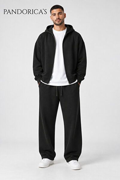 PANDORICA Unisex Black Zippered Hooded Cardigan Baggy Tracksuit Set 100% Cott...