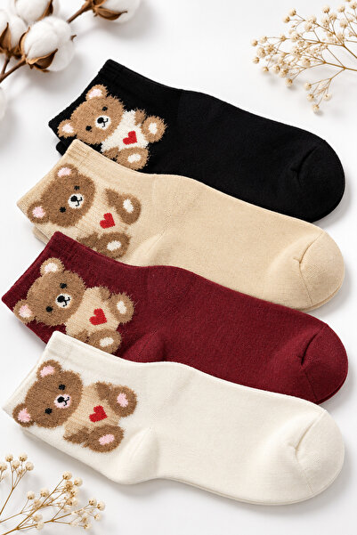 İkonik Socks Women's Set of 4 Bamboo Teddy Bear Patterned Premium Socks