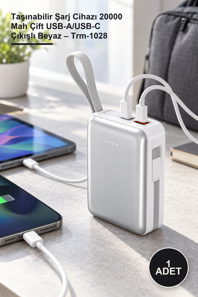 Yenilig 1 Adet Taşınabilir Şarj Cihazı 20000 Mah Çift USB-A/USB-C Çıkışlı Beyaz – Trm-1028