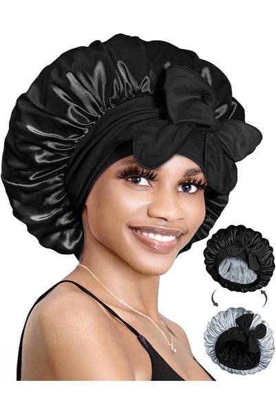 BONNET QUEEN قبعة نوم حريرية للنساء، قبعة شعر حريرية مزدوجة الطبقات مع شريط ق...