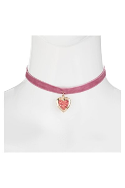 OEM Colier Choker Roz din Catifea cu Pandantiv Inimă Auriu și Glitter – Acces...