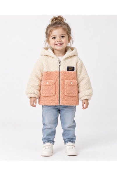 Genel Markalar Bebek Wellsoft Kumaşlı Kapüşonlu Peluş Ceket Ekru Mavi Fermuar...