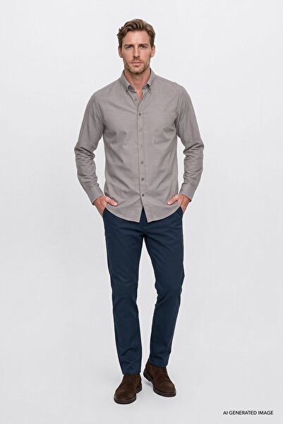AC&Co / Altınyıldız Classics Erkek Açık Kahve-Kahve Pamuklu Yumuşak Dokulu Flanel Slim Fit Dar Kesim Düğmeli Yaka Gömlek