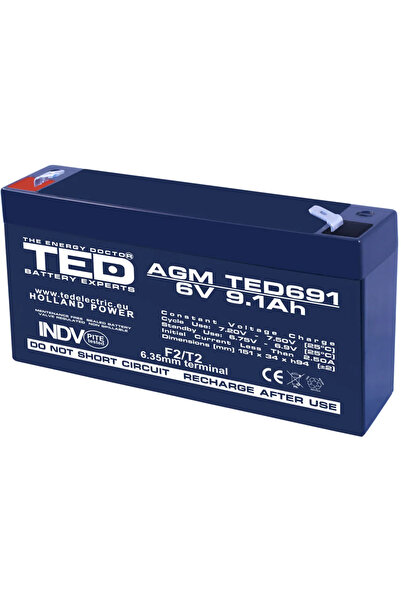 TED Acumulator AGM VRLA plumb acid 6V 9.1A 151x34xh95mm F2 Battery Expert Hol...