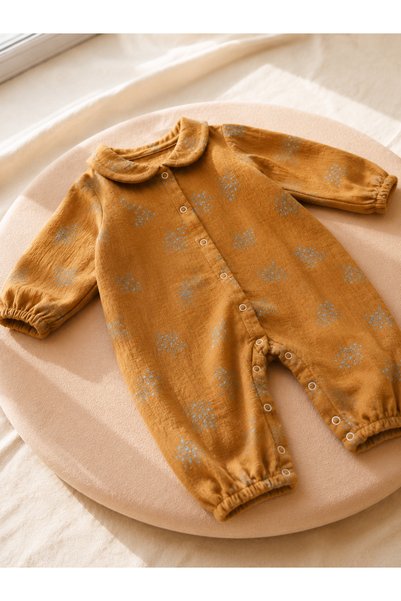 tinibud Gots Certified 100% Cotton Muslin Mustard Patterned Natural and Breathable Long Sleeve Baby Girl Romper