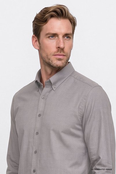 AC&Co / Altınyıldız Classics Erkek Açık Kahve-Kahve Pamuklu Yumuşak Dokulu Flanel Slim Fit Dar Kesim Düğmeli Yaka Gömlek
