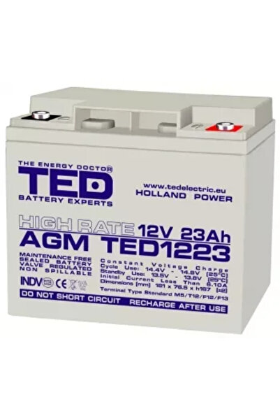 TED Acumulator 12V 23A AGM VRLA De mare putere 181x76x167mm M5 Battery Expert...