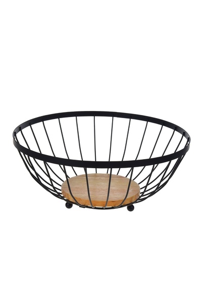 OEM Fructieră metalică neagră Ø28,5x12 cm cu bază lemn – fructele rămân la ve...