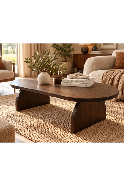 HYK %100 Doğal Masif Çam Oval Orta Sehpa – 120 × 60 × 45 cm AÇİK CEVİZ KOYU C...