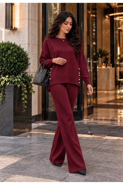 newmisal Women's Tricot Suit with Side Buttons and Pique Knitted Pants