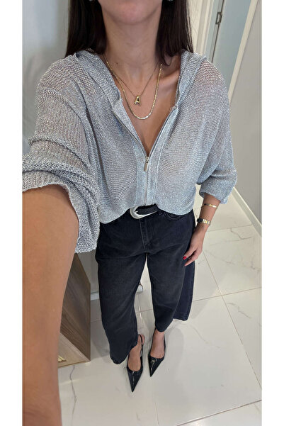 BİRCANÇİL Polsed Silver Zippered Glittery Cardigan