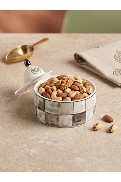 KOZE Fine Bone China Serving Bowl with Lid (11cm X 5cm) - Grey Arabic Letter ...