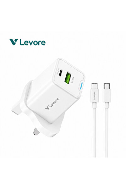 Levore شاحن حائط GaN بمنافذ USB-C و USB مع كابل مرفق 35 واط - أبيض