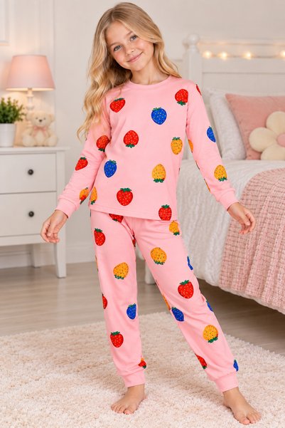 pijamino Girl's 100% Cotton Pink Strawberry Patterned Long Sleeve Pajama Set