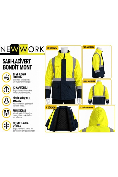 Newwork SU VE RÜZGAR GEÇİRMEZ KAPİTONELİ SARI-LCİVERT BONDİT MONT