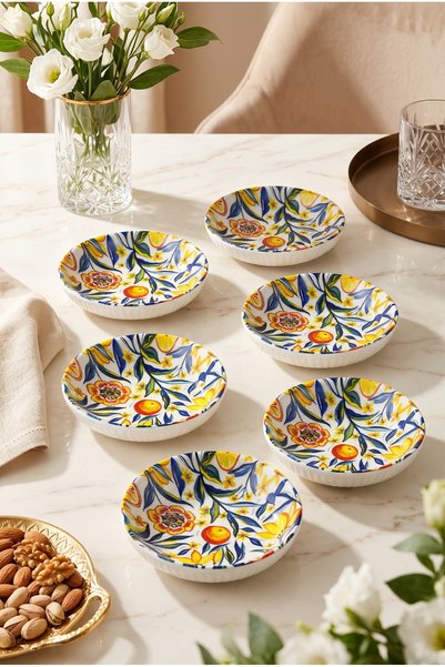 grandora Set of 6 Colorful Citrus Flower Patterned Jam or Snack Bowls - 13 cm - Decorative Serving Bowl, Breakfast Bowl, Jam Bowl, Treat Bowl