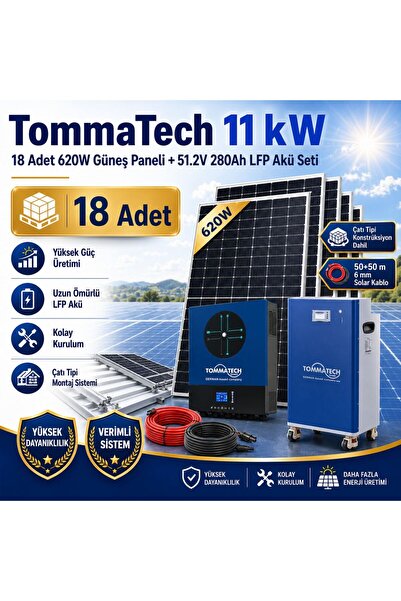11 kW İnverter + 18 Adet 620W Güneş Paneli + 51.2V 280Ah LFP Akü Seti