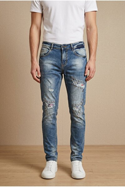 OEM Pantaloni denim barbati regular fit cu broderie textila si aspect prespal...