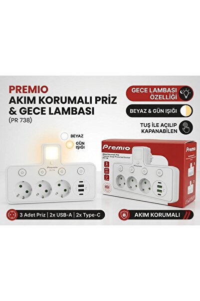 Premio PR-738 Duvar Tipi Akım Korumalı 4'lü Priz ve 4 USB Çıkışlı Anahtarlı G...